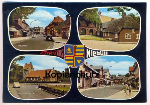 ÄLTERE POSTKARTE GRUSS AUS NIEBÜLL HAUPTSTRASSE DEEZBÜLLER KIRCHE DEEZBÜLL VW KÄFER Reetdach Ansichtskarte cpa postcard