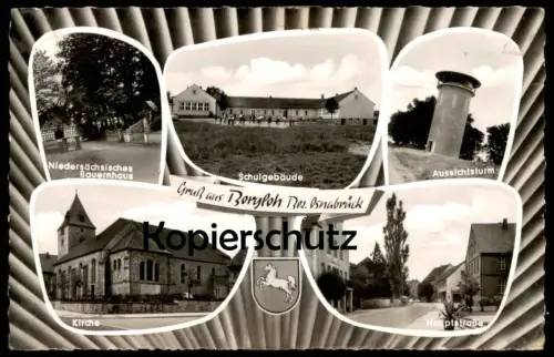 ÄLTERE POSTKARTE GRUSS AUS BORGLOH SCHULGEBÄUDE BAUERNHAUS HAUPTSTRASSE AUSSICHTSTURM HILTER Ansichtskarte AK postcard