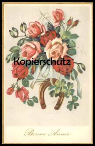 ALTE POSTKARTE BONNE ANNÉE NEUJAHR VERGOLDET Hufeisen horseshoe fer à cheval Blume Blumen fleurs flower cpa postcard AK