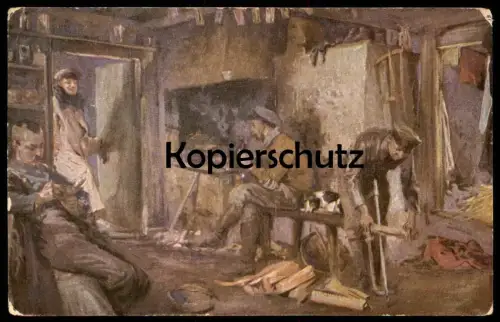 ALTE KÜNSTLER POSTKARTE SOLDAT AM HÄUSLICHEN HERD IN FEINDESLAND 1. WELTKRIEG FELIX SCHWORMSTÄDT Ansichtskarte postcard