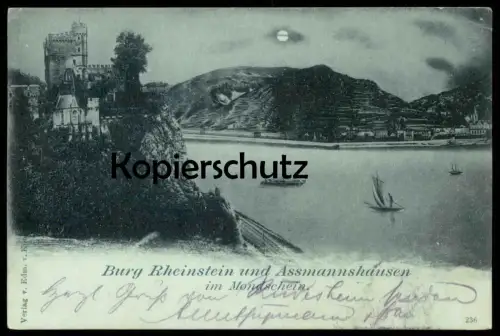 ALTE POSTKARTE BURG RHEINSTEIN MIT ASSMANNSHAUSEN IM MONDSCHEIN 1899 RHEIN Mond Rheinromantik Ansichtskarte postcard