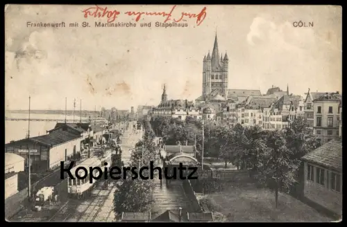 ALTE POSTKARTE CÖLN FRANKENWERFT RHEINUFERBAHN REPARATURZUG ARBEITER ARBEITEN AN OBERLEITUNG KÖLN Gleise postcard AK