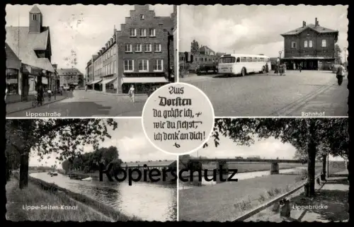 ÄLTERE POSTKARTE AUS DORSTEN GRÜSSE ICH BAHNHOF BUS LIPPESTRASSE LIPPE-SEITEN-KANAL LIPPEBRÜCKE Ansichtskarte postcard