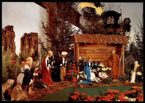ÄLTERE POSTKARTE KRIPPE WEIHNACHTEN HOLZKRIPPE KÖLN-MITTE crib couvent christmas Krippenfiguren Maria Josef Schaf Stall
