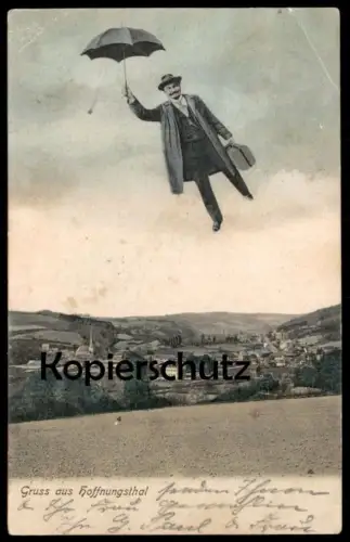 ALTE POSTKARTE GRUSS AUS HOFFNUNGSTHAL PANORAMA MANN IM FLUGE MIT SCHIRM & KOFFER RÖSRATH Ansichtskarte AK cpa postcard