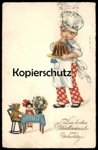ALTE POSTKARTE KIND KOCH BACKT KUCHEN GEBURTSTAG TEDDY PUPPE KOCH Teddybär Bär Spielzeug enfant child AK postcard cpa
