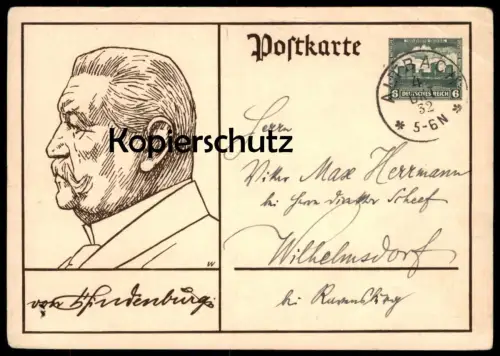 ALTE KÜNSTLER POSTKARTE PAUL VON HINDENBURG GANZSACHE STEMPEL ALTBACH 1932 Militär Ansichtskarte AK cpa postcard