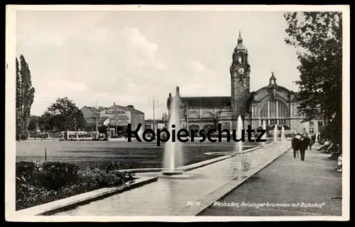 ALTE POSTKARTE WIESBADEN REISINGERBRUNNEN MIT BAHNHOF BRUNNEN HAUPTBAHNHOF gare station Ansichtskarte AK postcard cpa