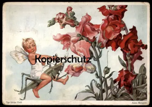 ALTE POSTKARTE PHANTASIE DER KLEINE HELD ELFE FEE FLÜGEL GRASHÜPFER ANNA MARGRET grasshopper fairy AK cpa postcard