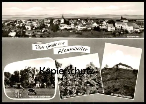 ÄLTERE POSTKARTE VIELE GRÜSSE AUS HENNWEILER KIRN ORTSANSICHT SCHLOSS WARTENSTEIN EDEKA PETER JOSEF FEY KIRNER LAND AK