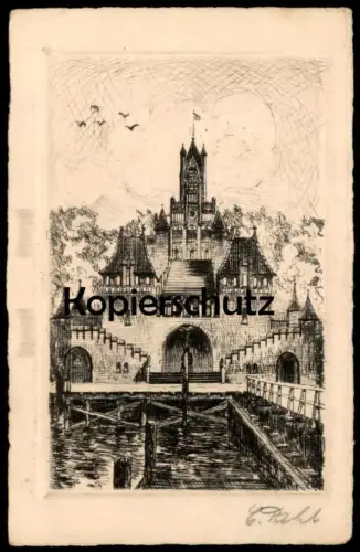 ALTE POSTKARTE FLENSBURG MARINE-SCHULE ORIGINAL RADIERUNG HANDABZUG SIGNIERT C. PAHL Ansichtskarte AK cpa postcard