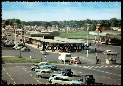 ÄLTERE POSTKARTE FLENSBURG GRENZE AUTOBAHN VW KÄFER CAMPING WOHNWAGEN Grense Border frontière Zoll Auto AK postcard cpa