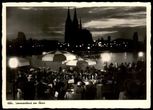ALTE POSTKARTE KÖLN SOMMERABEND AM RHEIN ABEND NACHT BlICK AUF DOM Tanzbrunnen ? Rheinpark ? Ansichtskarte postcard cpa