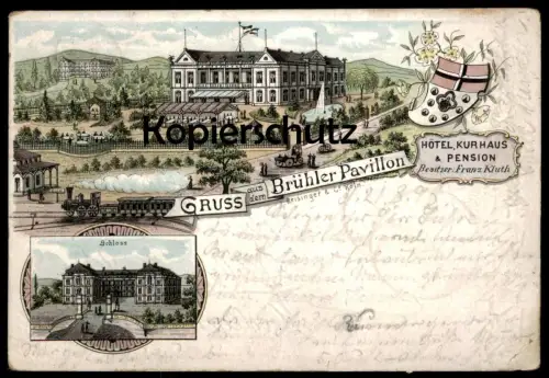 ALTE LITHO POSTKARTE BRÜHL BEI KÖLN GRUSS AUS DEM BRÜHLER PAVILLON FRANZ KLUTH DAMPFLOK ZUG 1898 Ansichtskarte postcard