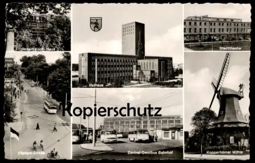 ÄLTERE POSTKARTE WILHELMSHAVEN ROBERT-KOCH-HAUS VIRCHOW-STRASSE OMNIBUS BAHNHOF KOPPENHÖRNER MÜHLE BUS OBERLEITUNG AK