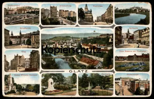 ALTE POSTKARTE GLATZ RING SELLGITTPLATZ STADTBAHNHOF ROSSMARKT Klodzko Kladsko Polska Poland Polen Schlesien postcard