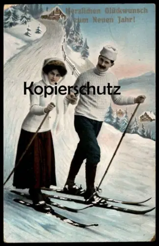 ALTE POSTKARTE HERZLICHEN GLÜCKWUNSCH ZUM NEUEN JAHRE! NEUJAHR SKIFAHREN faire du ski skiing cpa postcard Ansichtskarte