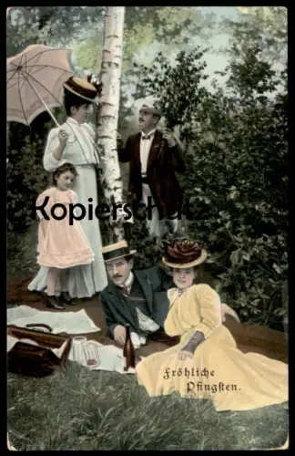 ALTE POSTKARTE FRÖHLICHE PFINGSTEN LIEBESPAAR FAMILIE SCHIRM Frau Mann Paar Kinder couple love woman umbrella Alkohol AK