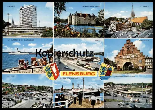 ÄLTERE POSTKARTE FLENSBURG HAFEN GRENZÜBERGANG KRUSAU KURSTRAND GLÜCKSBURG AM ZOB AN DER FÖRDEBRÜCKE RATHAUS ST. NIKOLAI