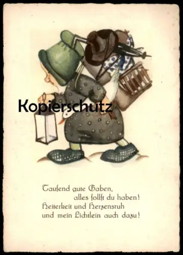 ALTE POSTKARTE ZWERG MIT GANS RUCKSACK LATERNE TAUSEND GUTE GABEN, ALLES SOLLST DU HABEN dwarf nain midget AK postcard