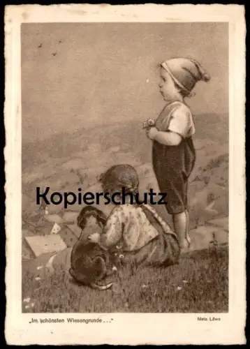 ALTE KÜNSTLER POSTKARTE IM SCHÖNSTEN WIESENGRUNDE KINDER HUND META LÖWE children dog enfant chien Ansichtskarte postcard