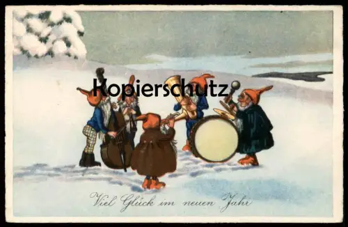 ALTE POSTKARTE ZWERGE MACHEN MUSIK NEUJAHR KONZET KAPELLE KONTRABASS POSAUNE TROMMEL Zwerg dwarf midget Ansichtskarte AK