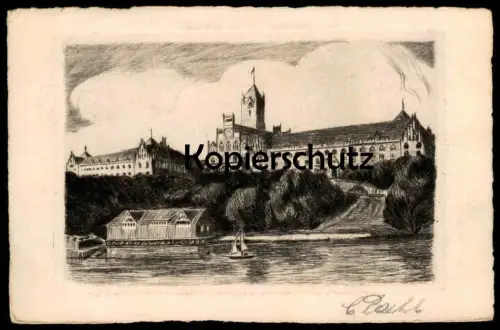 ALTE POSTKARTE FLENSBURG MARINE-SCHULE ORIGINAL RADIERUNG HANDABZUG SIGNIERT C. PAHL Ansichtskarte AK cpa postcard