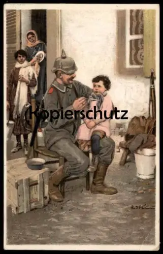 ALTE KÜNSTLER POSTKARTE SOLDAT FÜTTERT KIND ERNST HEILEMANN MILITÄR 1. WELTKRIEG PICKELHAUBE Ansichtskarte postcard AK