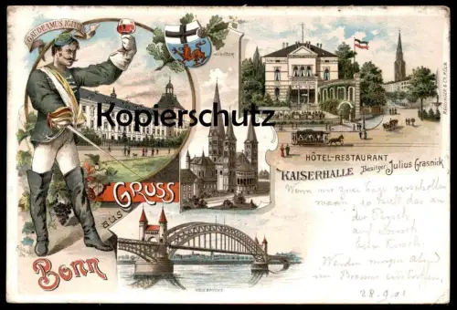 ALTE LITHO POSTKARTE GRUSS AUS BONN HOTEL RESTAURANT KAISERHALLE JULIUS GRASNICK STUDENT STUDENTICA STUDENTIKA ÉTUDIANT