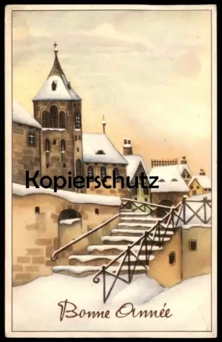 ALTE KÜNSTLER POSTKARTE BONNE ANNÉE NEUJAHR SCHNEE DORF IM WINTER Künstlerkarte cpa Ansichtskarte AK postcard