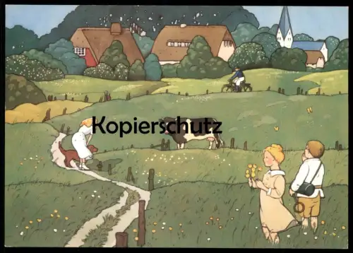 ÄLTERE KÜNSTLER POSTKARTE INSEL AMRUM NORDSEEBAD NEBEL VON DER WATTSEITE KARIN BLUME KINDER HUND KUH Ansichtskarte AK