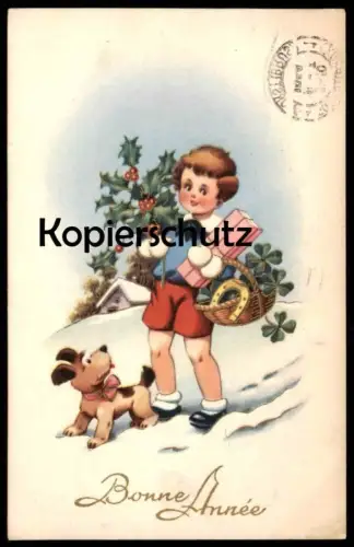 ALTE KÜNSTLER POSTKARTE BONNE ANNÉE ENFANT CHIEN FILLE KIND MÄDCHEN ILEX girl child Hund dog Ansichtskarte cpa postcard