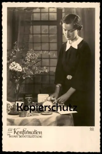 ALTE POSTKARTE ZUR KONFIRMATION DIE BESTEN WÜNSCHE GESCHENKE KAMERA ROLLEICORD FOTOAPPARAT WECKER camera postcard AK