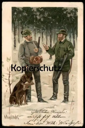 ALTE POSTKARTE GLÜCKLICHES NEUJAHR MAILICK SCHNEE WINTER JÄGER HUND FUCHS HASE hunter dog fox hare postcard cpa AK
