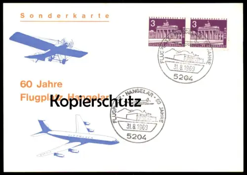 ÄLTERE POSTKARTE SONDERKARTE 60 JAHRE FLUGPLATZ HANGELAR 1969 AIRPORT LUFTHANSA ST. AUGUSTIN DEUTSCHE BUNDESPOST BERLIN