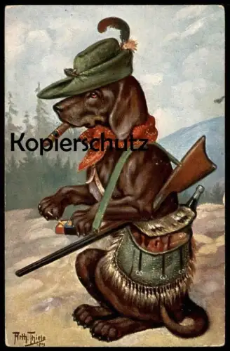 ALTE POSTKARTE DACKEL VERMENSCHLICHT JÄGER ZIGARRE ARTHUR THIELE JAGD hunter hunting chasse Hund Dachshund Teckel dog