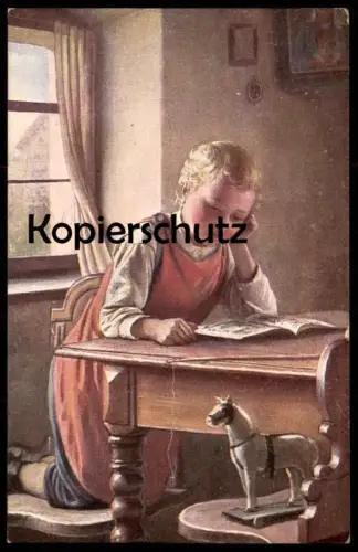 ALTE KÜNSTLER POSTKARTE MÄDCHEN MIT SPIELZEUG BUCH SCHAUKELPFERD Kind child girl enfant photo postcard cpa AK