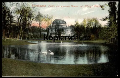 ALTE POSTKARTE WIESBADEN PARTIE AM WARMEN DAMM MIT KÖNIGLICHEM THEATER SCHWAN SCHWÄNE PARK parc Ansichtskarte postcard