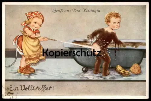 ALTE POSTKARTE GRUSS AUS BAD KISSINGEN EIN VOLLTREFFER MÄDCHEN ROTE KOPFBEDECKUNG ROTKÄPPCHEN ? MOORBAD HUMOR AK cpa