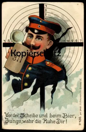 ALTE POSTKARTE SOLDAT VOR DER SCHEIBE UND BEIM BIER, JUNGE WAHR DIE RUHE DIR SCHÜTZE HUMOR ZIELSCHEIBE Verlag in Breslau
