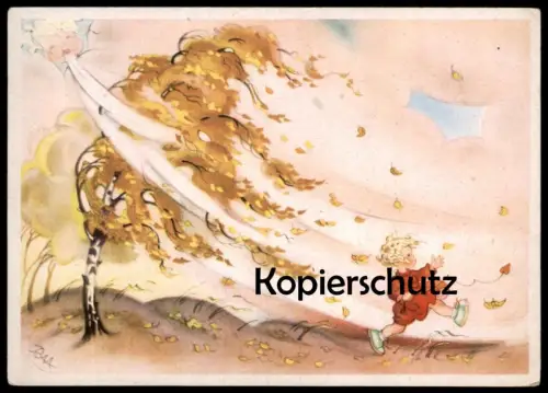 ALTE POSTKARTE WIND STURM VERMENSCHLICHT MÄDCHEN KIND LAUB BIRKE CHARLOTTE BARON-RAA girl enfant child postcard AK cpa