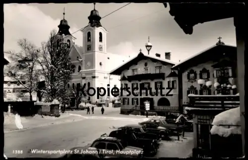 ÄLTERE POSTKARTE SANKT JOHANN IN TIROL ST. HAUPTPLATZ AUTOS AUTO VW KÄFER SCHNEE WINTER SCHILD REISEBÜRO AK postcard cpa