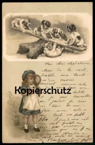 ALTE POSTKARTE MÄDCHEN MIT LAWN TENNIS SCHLÄGER HUNDE SPIELEN WELPEN AUF WIPPE BERNHARDINER Ansichtskarte postcard cpa