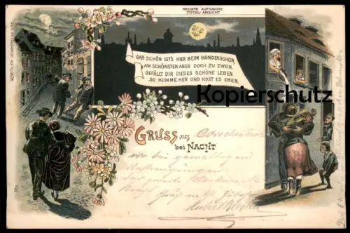 ALTE LITHO POSTKARTE GRUSS AUS KORSCHENBROICH BEI NACHT HUMOR NACHTTOPF POT DE CHAMBRE LIEBESPAAR BETRUNKENER AK cpa