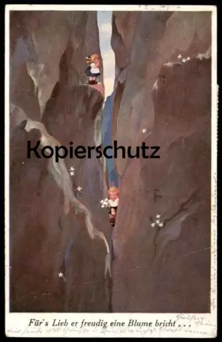 ALTE POSTKARTE KINDER FÜR'S LIEB ER FREUDIG EINE BLUME BRICHT... SCHLUCHT GEFAHR LIEBE LOVE enfants children postcard