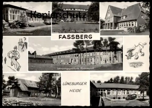 ÄLTERE POSTKARTE FASSBERG LÜNEBURGER HEIDE LEHRGANGSGEBÄUDE KRANKENREVIER KASINO HEIM BUNDESWEHR Ansichtskarte postcard