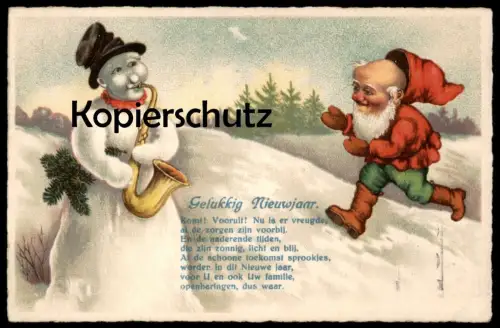 ALTE POSTKARTE SCHNEEMANN SPIELT SAXOPHON ZWERG Saxophone Sax dwarf nain midget snowman bonhomme de neige postcard cpa