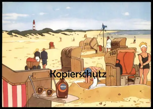 ÄLTERE KÜNSTLER POSTKARTE INSEL AMRUM NORDSEEBAD STRANDSZENE AM KNIEPSAND NIVEA SONNENCREME KARIN BLUME Ansichtskarte AK
