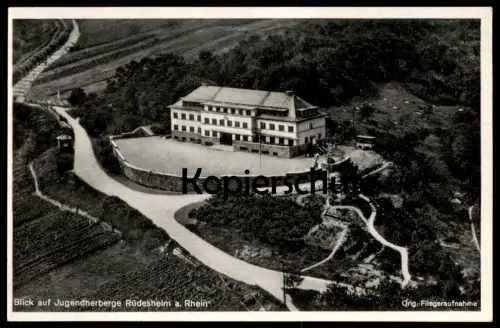ALTE POSTKARTE RÜDESHEIM AM RHEIN BLICK AUF DIE JUGENDHERBERGE LUFTBILD FLIEGERAUFNAHME PANORAMA postcard Ansichtskarte