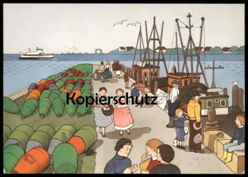 ÄLTERE KÜNSTLER POSTKARTE INSEL AMRUM NORDSEEBAD SEEZEICHENHAFEN BEI WITTDÜN KARIN BLUME KIND HUND FÄHRE Ansichtskarte